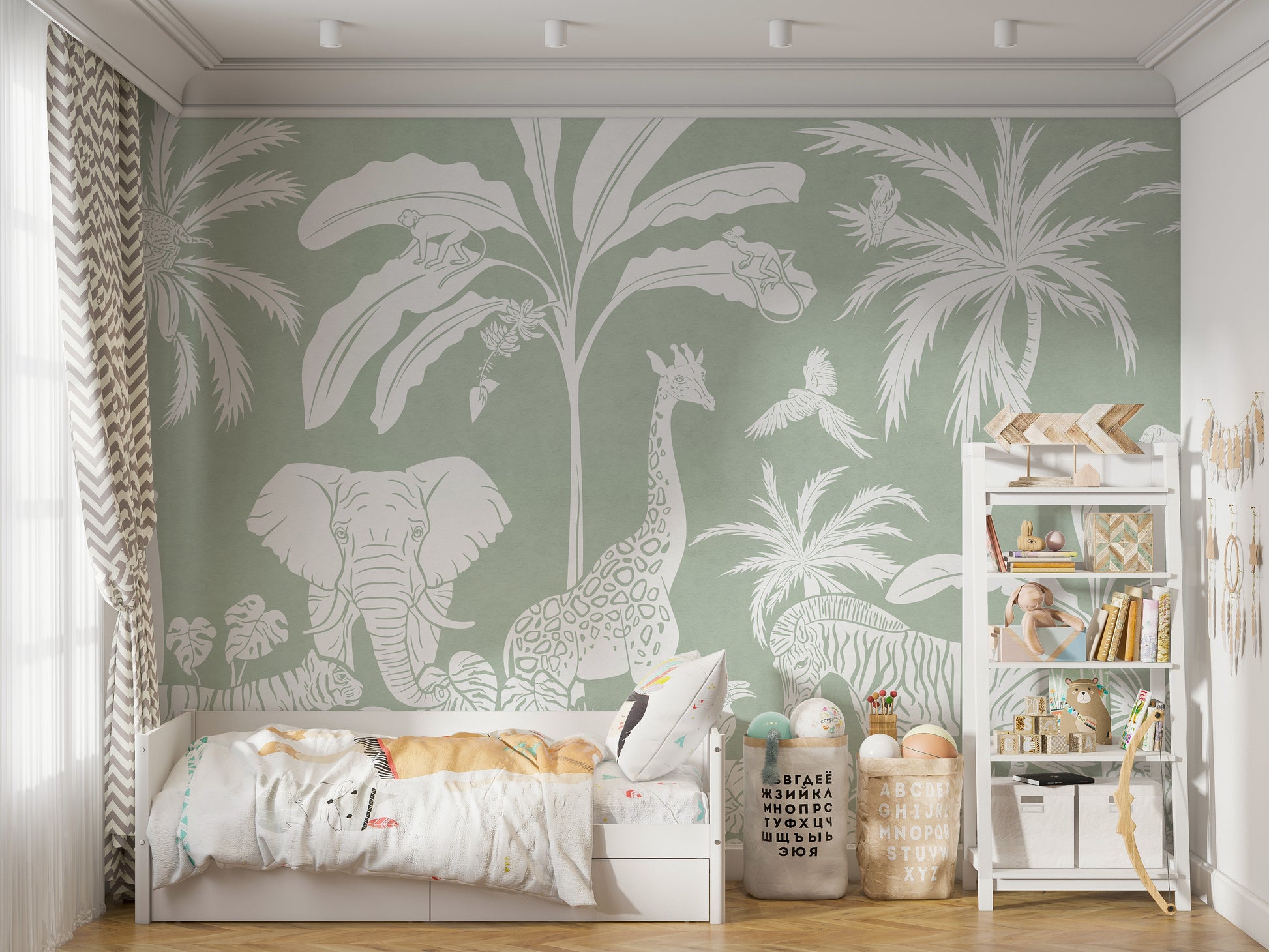 Monochrome Jungle Green Wall Mural - Giffywalls