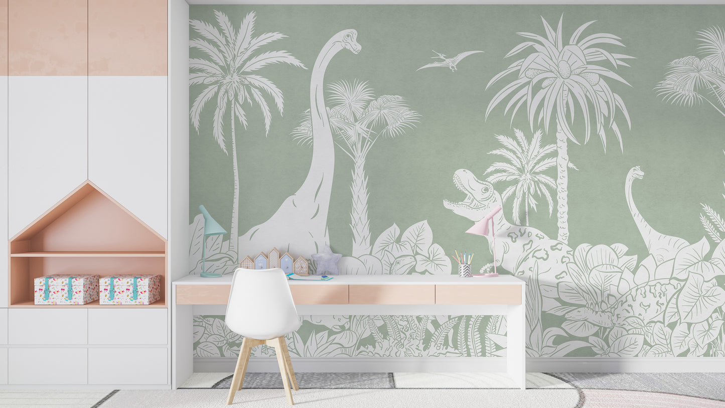 Monochrome Dino Green Wall Mural