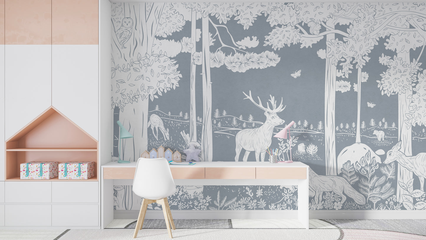 Monochrome Forest Blue Wallpaper Mural