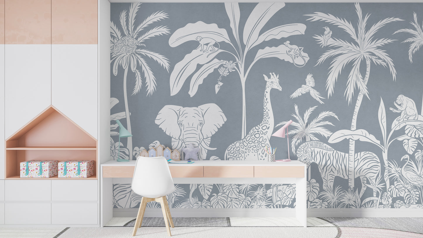 Artistic Monochrome Blue Jungle Mural
