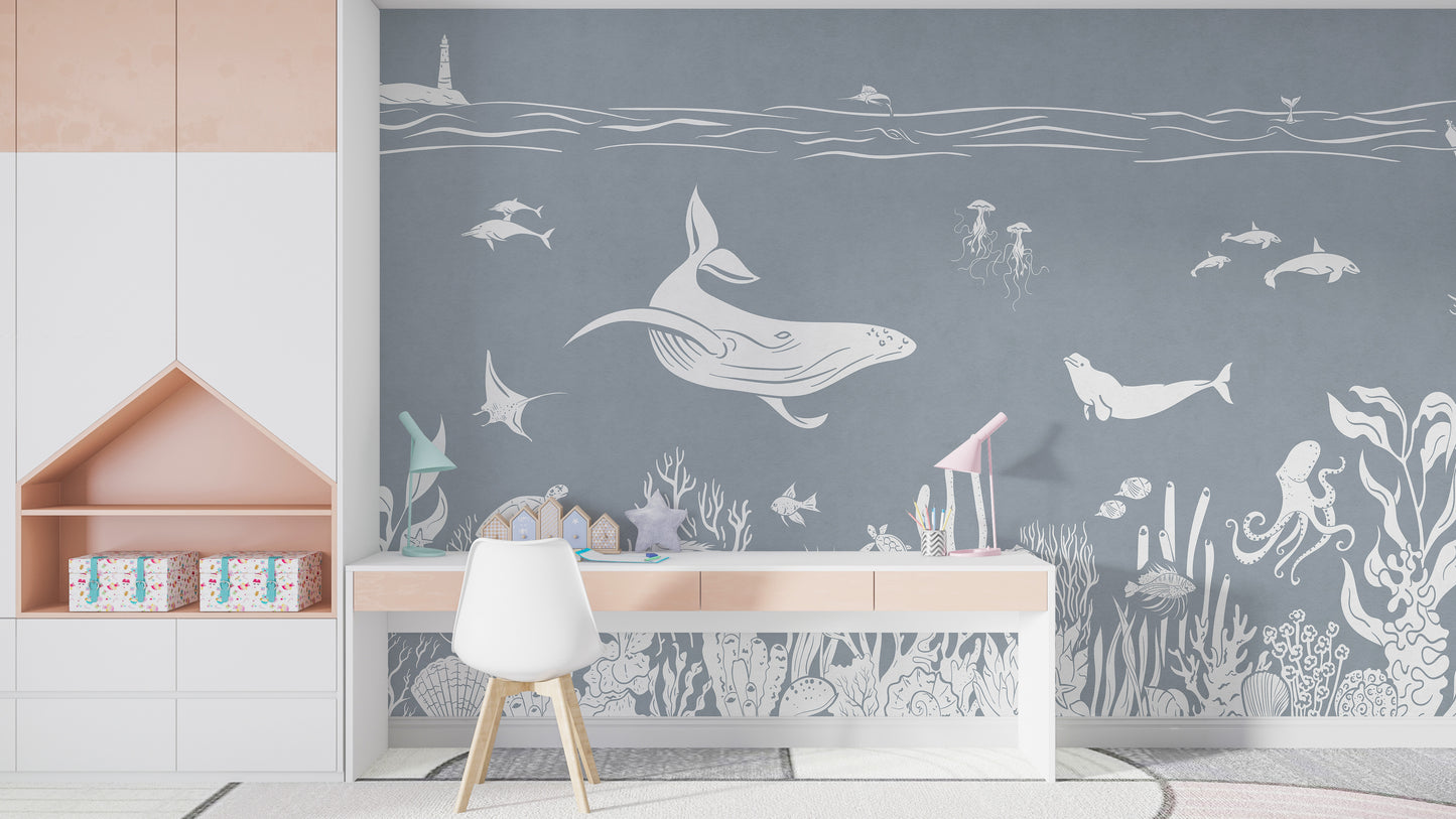 Monochrome Sea Blue Wallpaper Mural