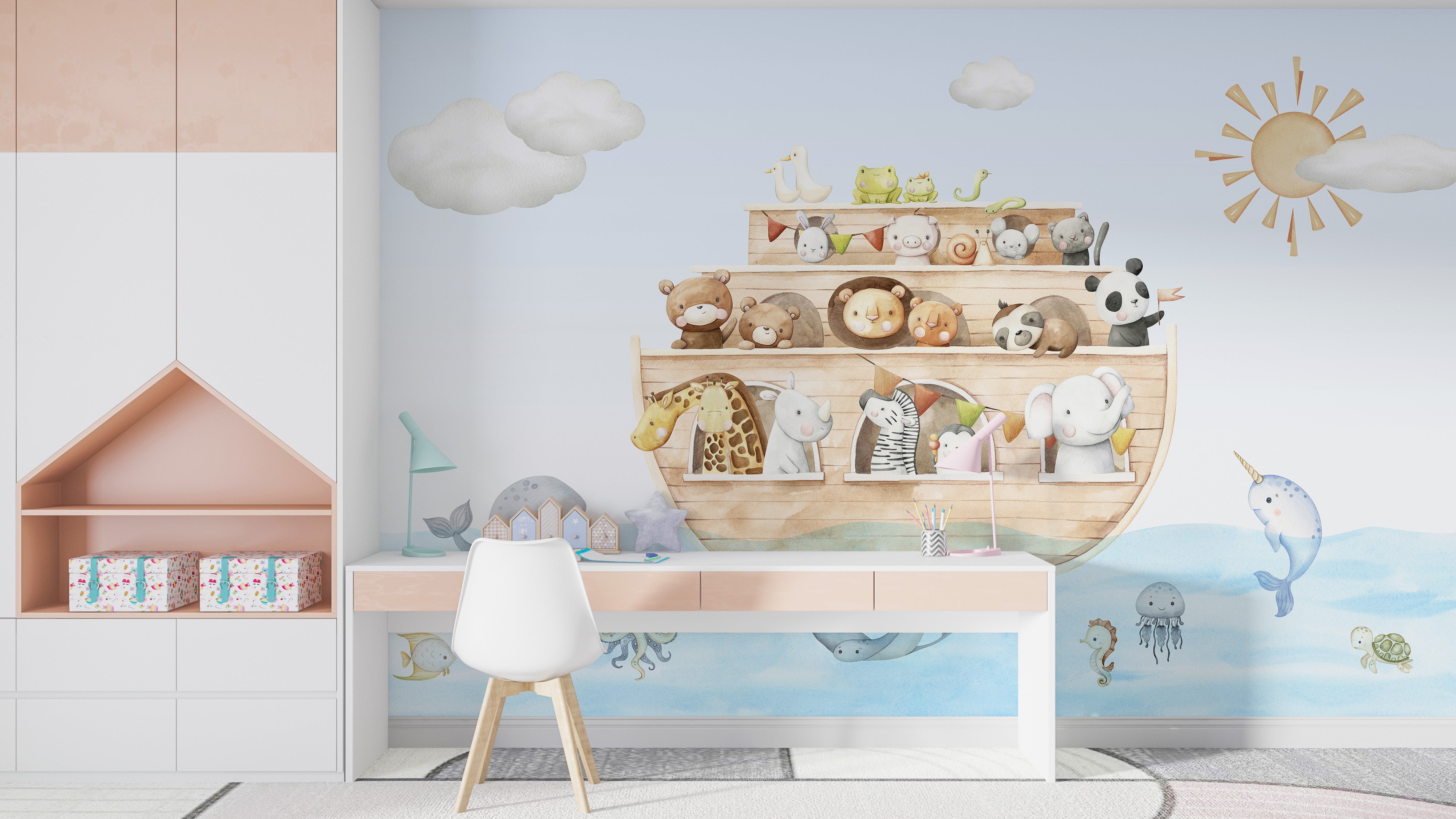 Playful animal wallpaper with nautical theme