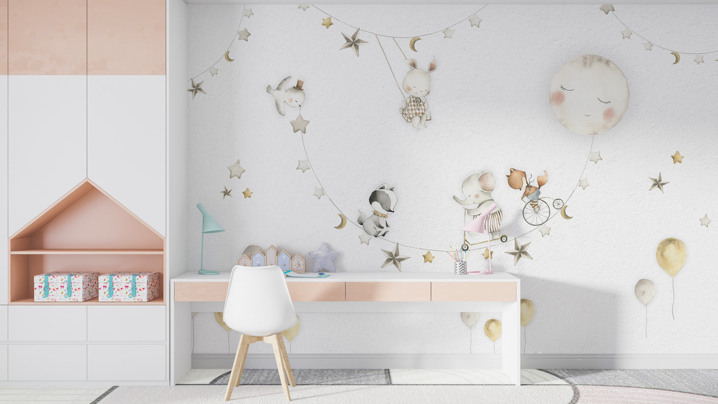 Whimsical moon-themed wallpaper for children