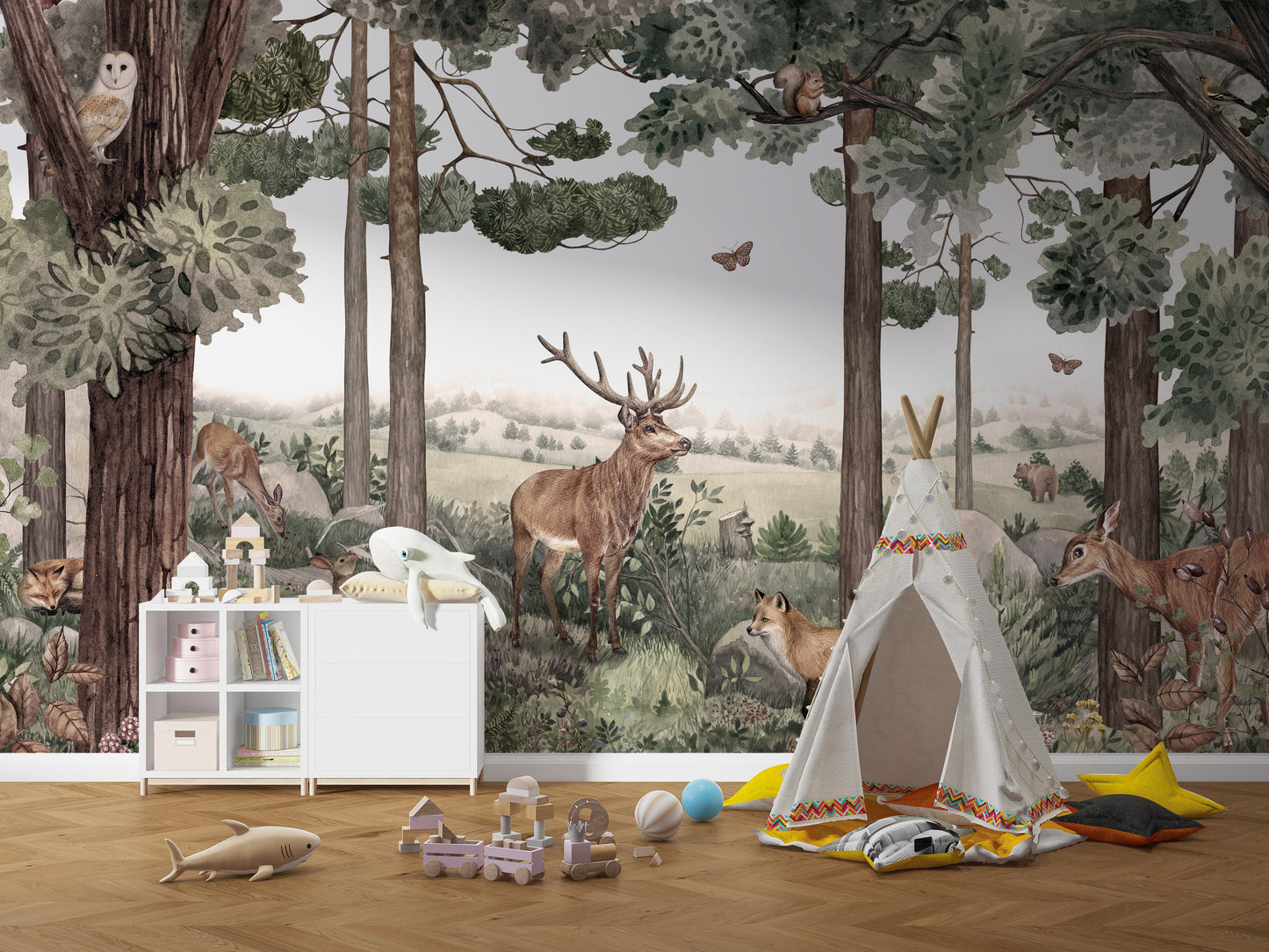 Woodland stag wallpaper mural featuring deer and animals