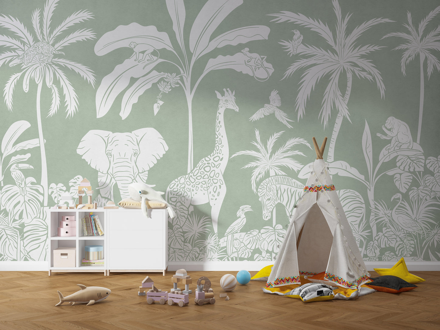 Minimalist Monochrome Green Jungle Mural
