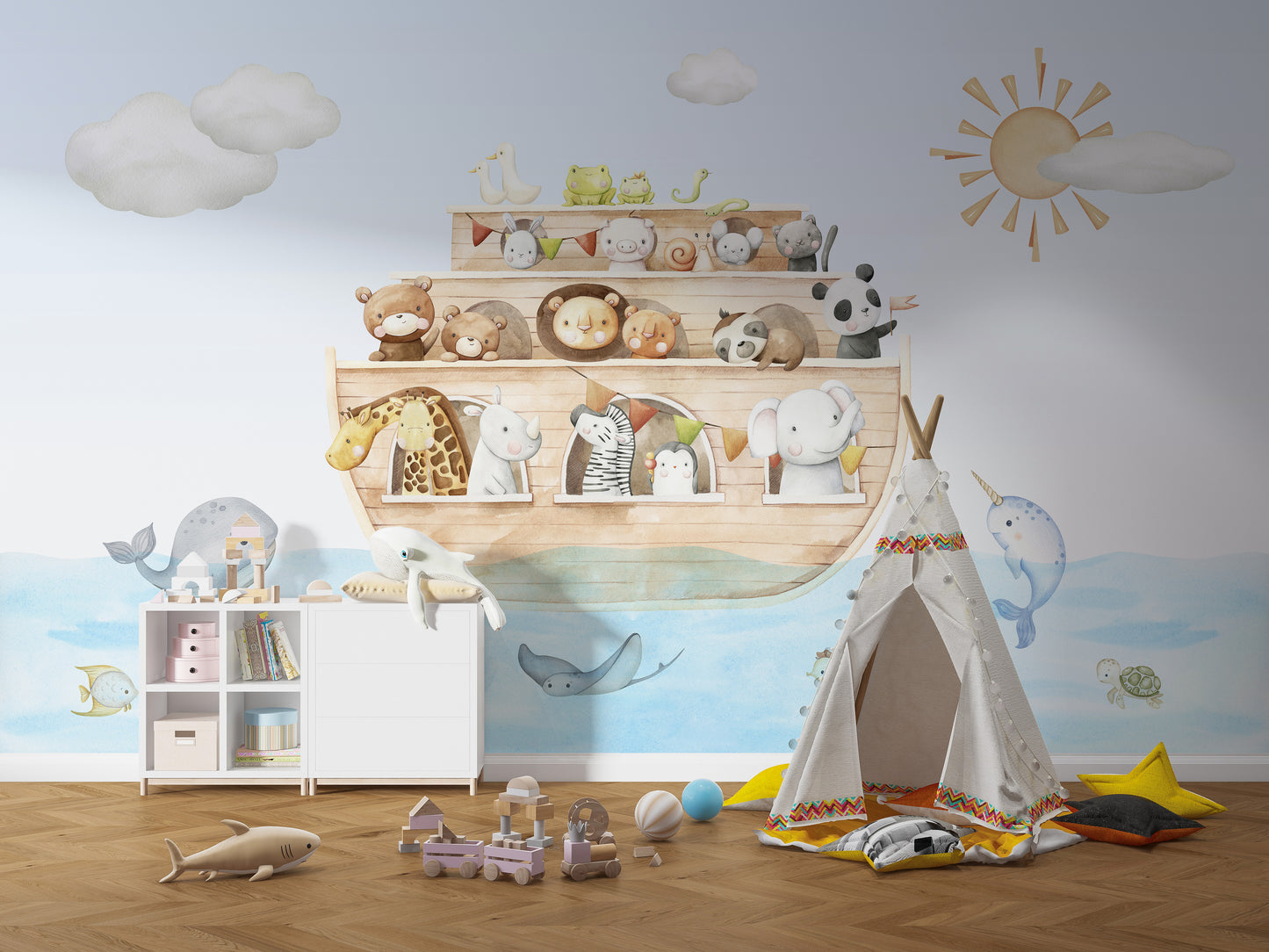 Nautical animal mural for childrens bedrooms