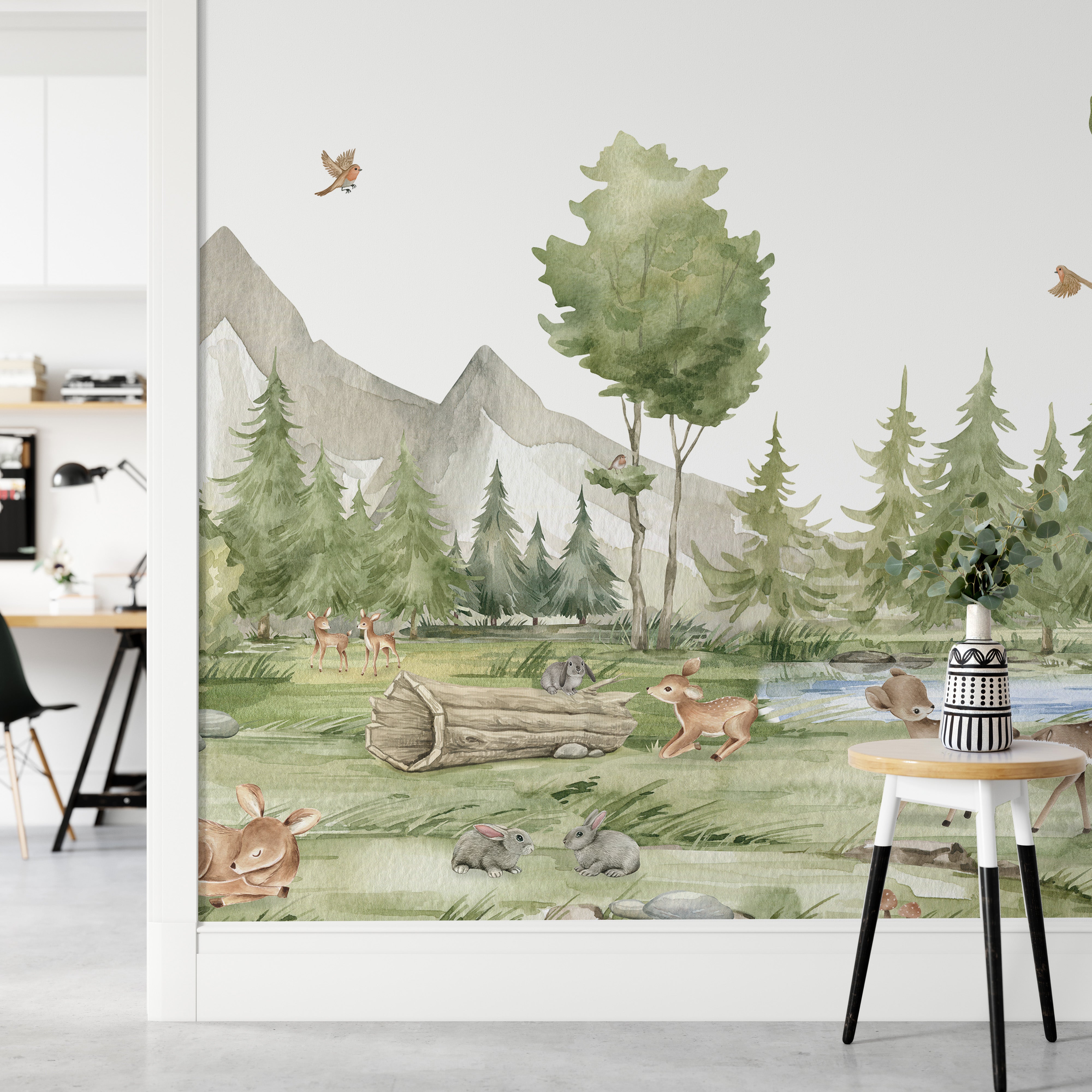 Green watercolor forest mural for playrooms