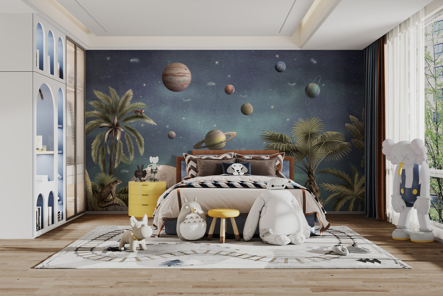 Planet-themed mural wallpaper featuring Saturn and stars