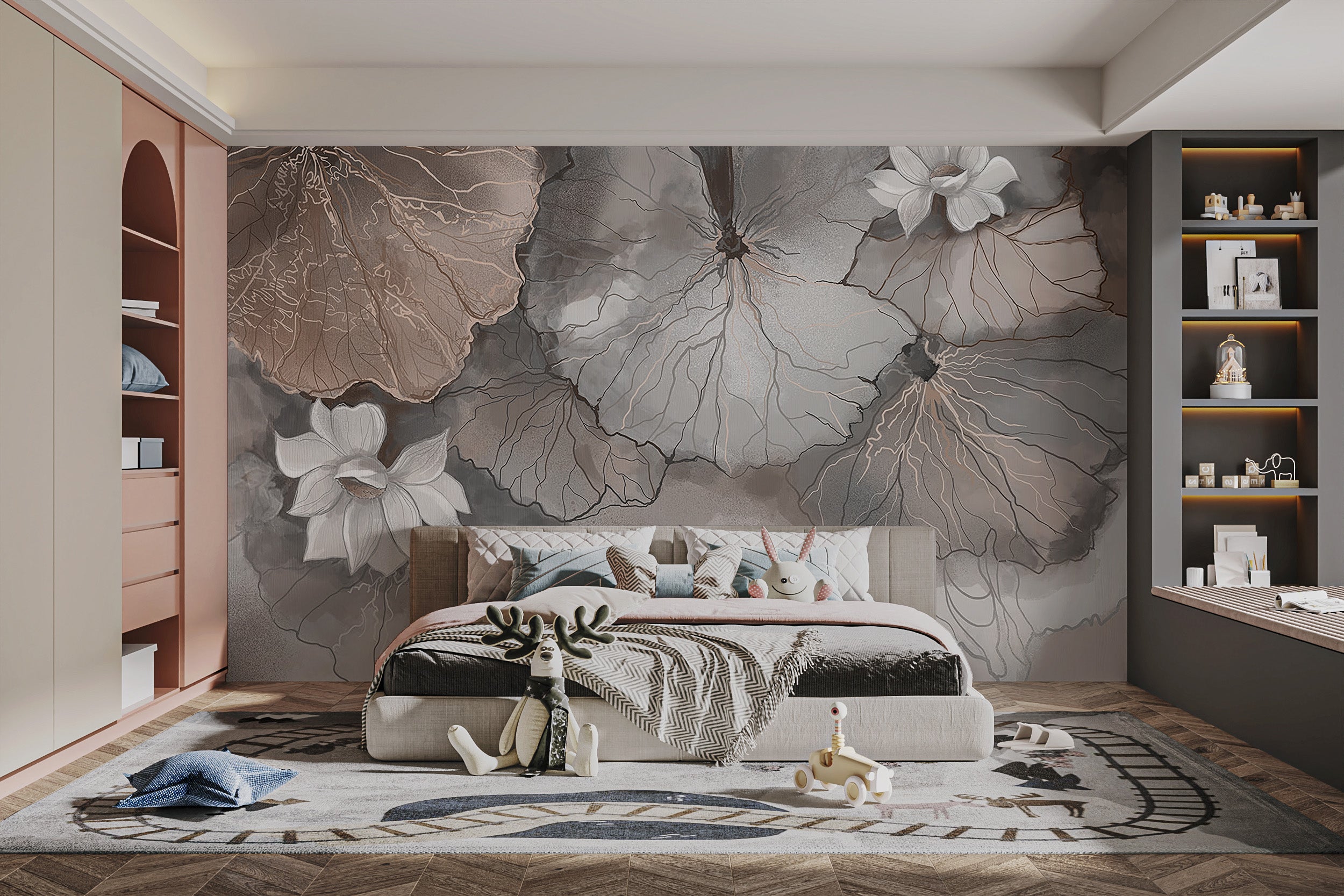 Modern peach mural with a symphony of lotus leaves