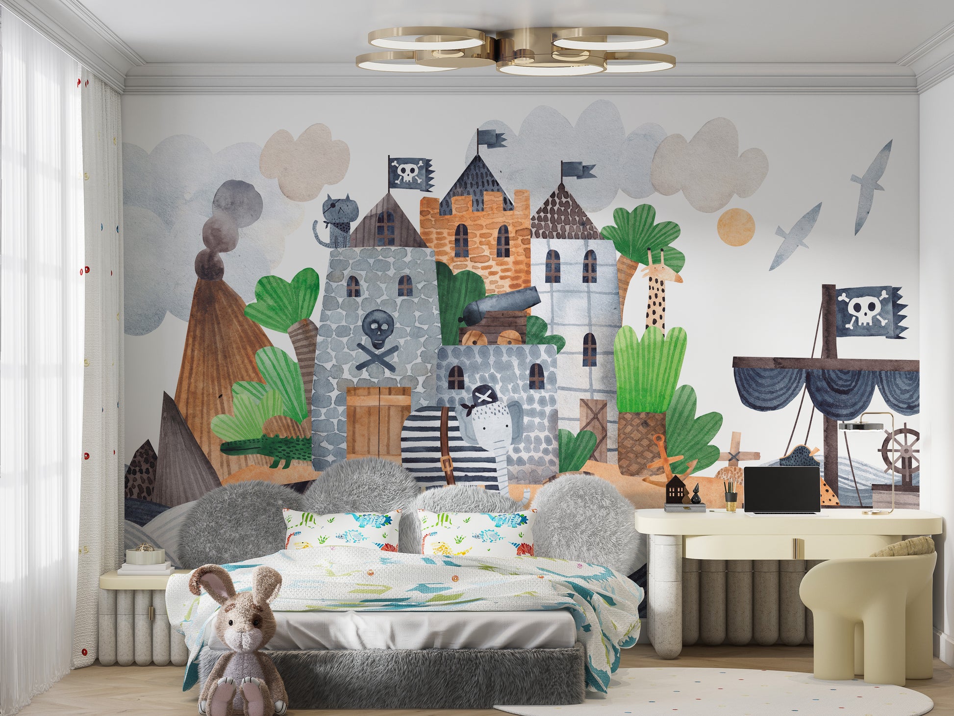 Dynamic pirate fortress-themed wall mural
