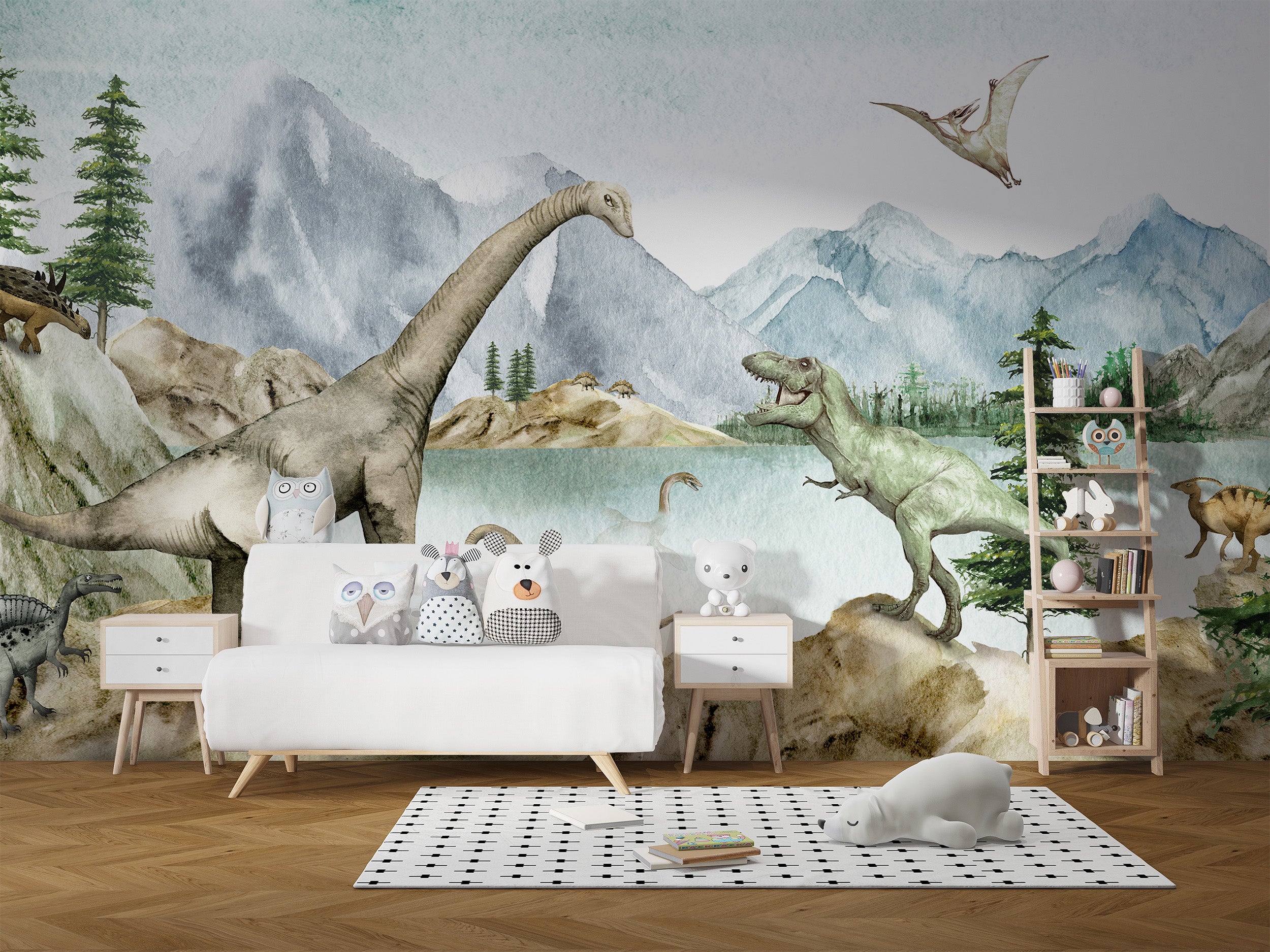 Dino dreams wallpaper murals with dinosaurs and mountains