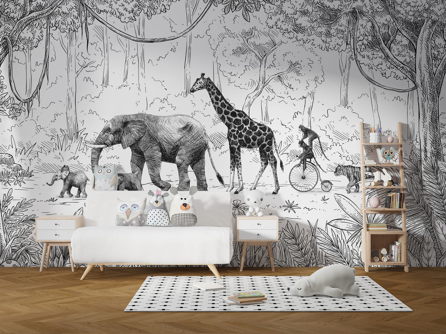 Animal Parade Black and White Wall Mural