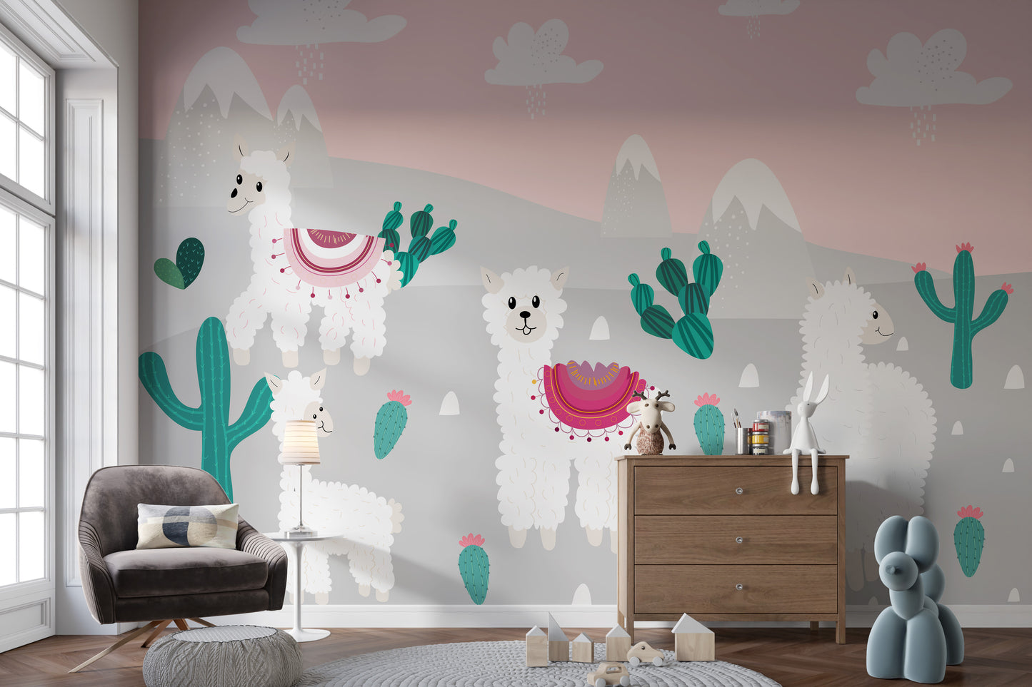 Lively mural with fluffy llamas in festive style