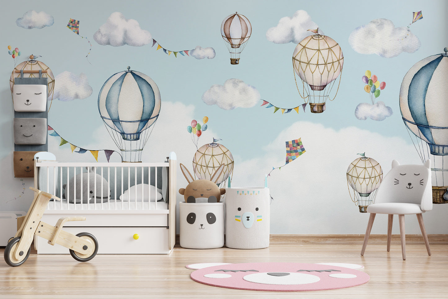 Floating hot air balloons in a whimsical cloudy backdrop