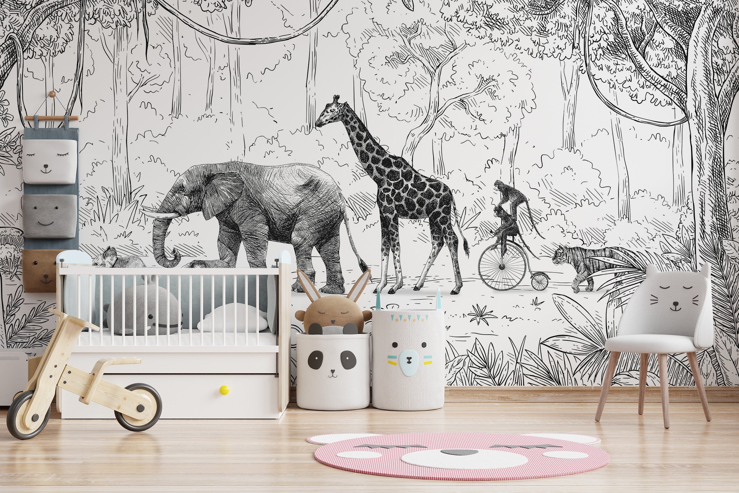 Animal Parade mural wallpaper with monochrome wildlife art