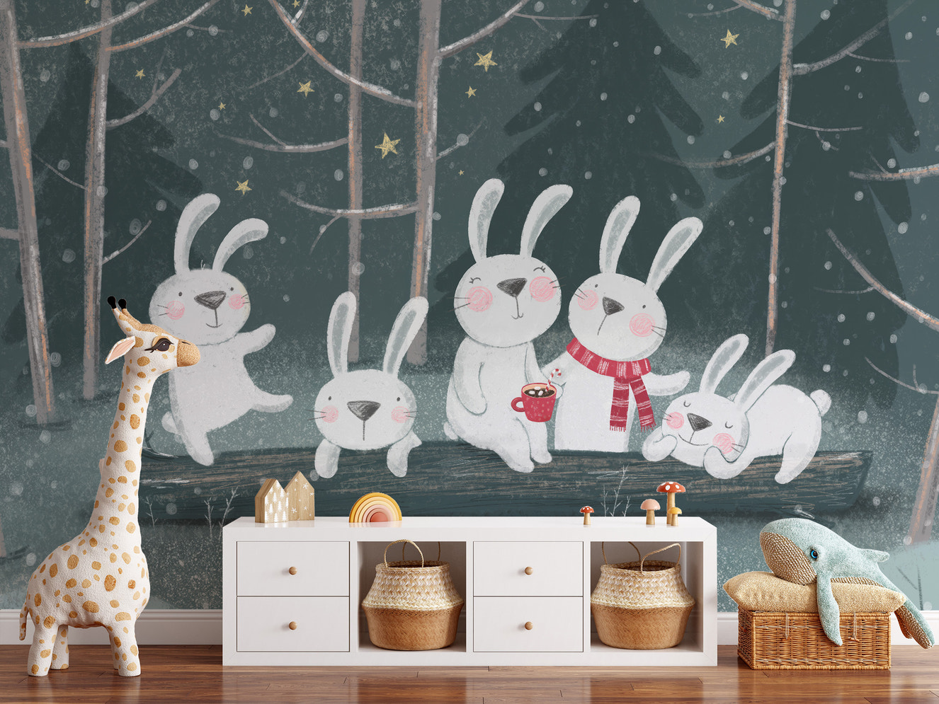 Whimsical bunny mural for nighttime charm
