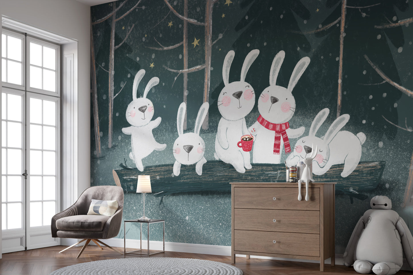 Cute bunnies at night wall art for kids' rooms