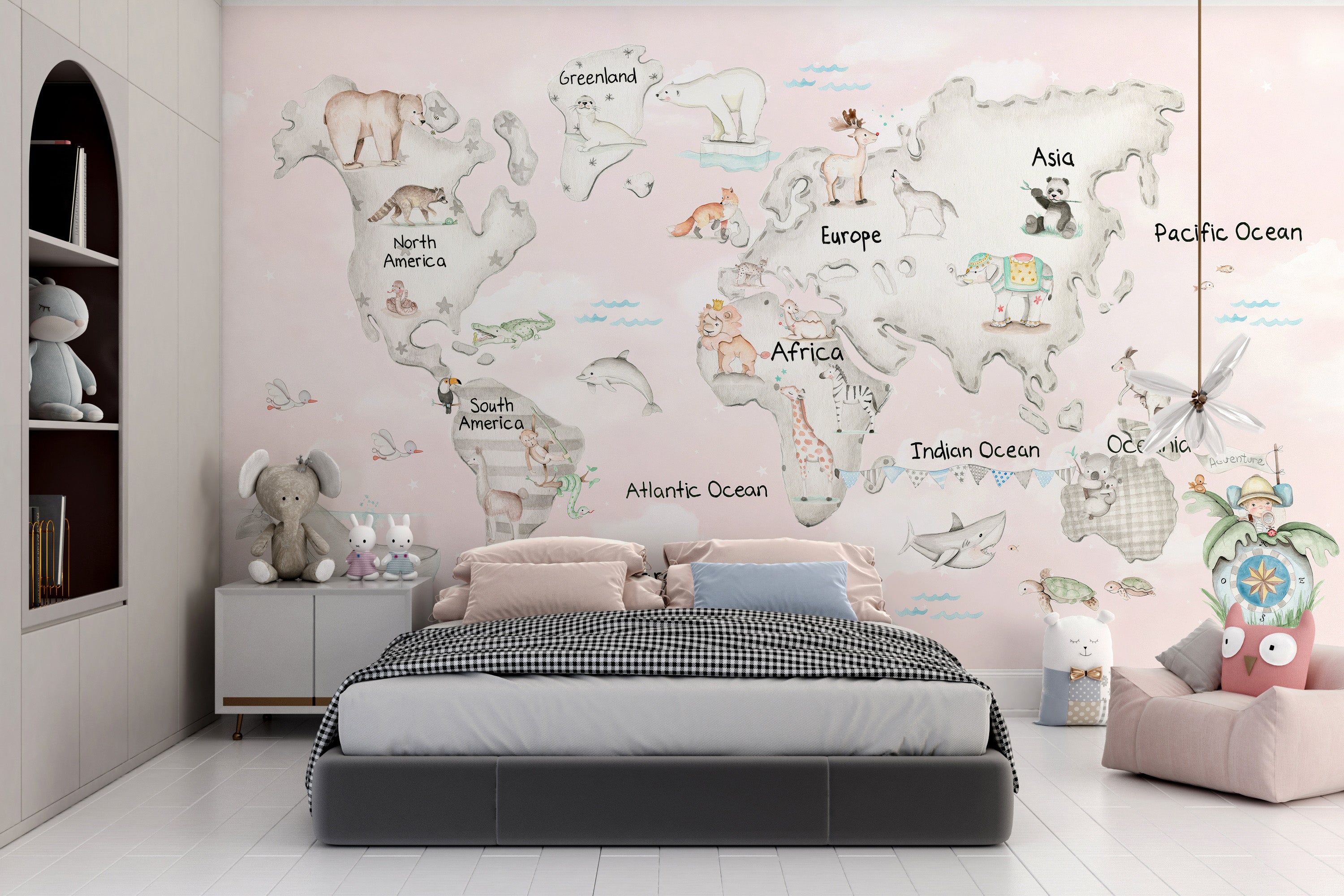 Cuddly animal-themed atlas wall mural