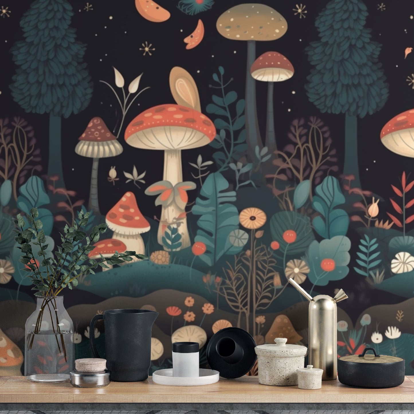 Artistic garden mural with mushroom accents
