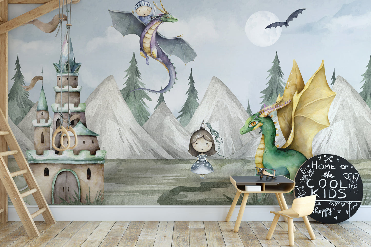 Enchanting kids' room castle wallpaper with flying dragon.