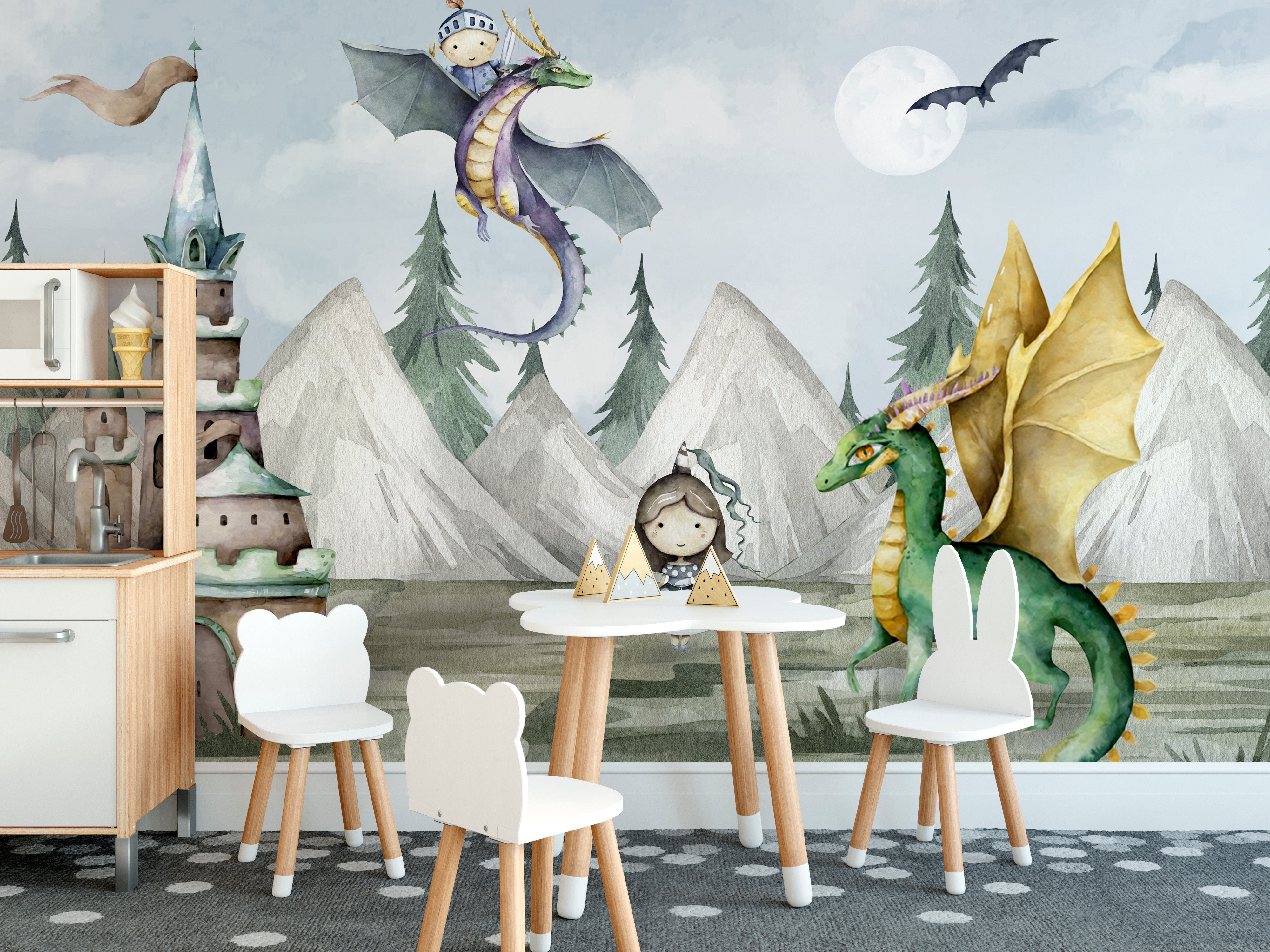 Moonlit dragon wallpaper with mountains for kids' walls.