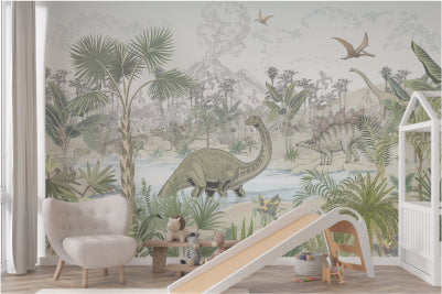 Animal wallpaper displaying playful wildlife patterns, including birds, deer, and jungle creatures, perfect for kids' rooms or nurseries.