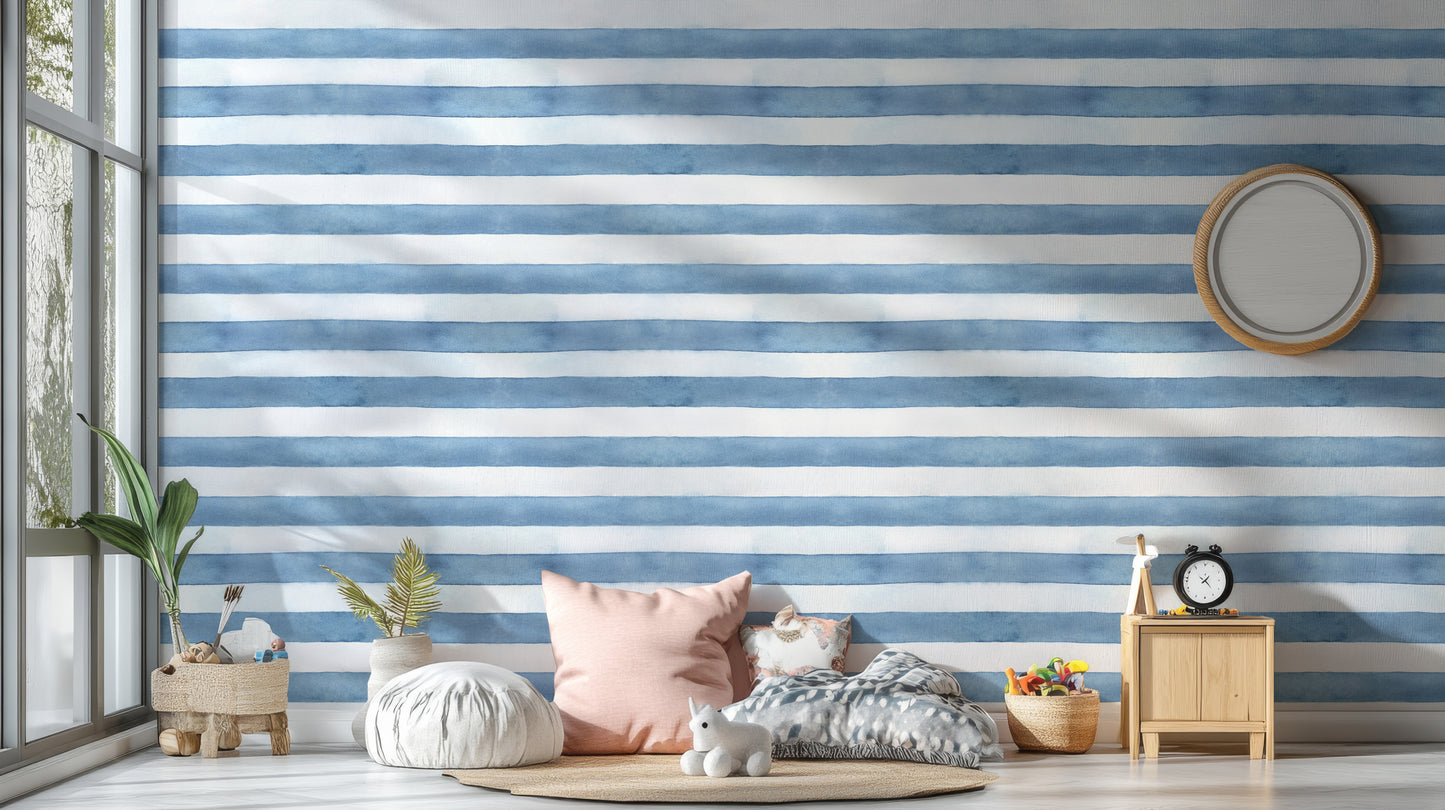 Blue White Watercolor Strips Wallpaper For Walls