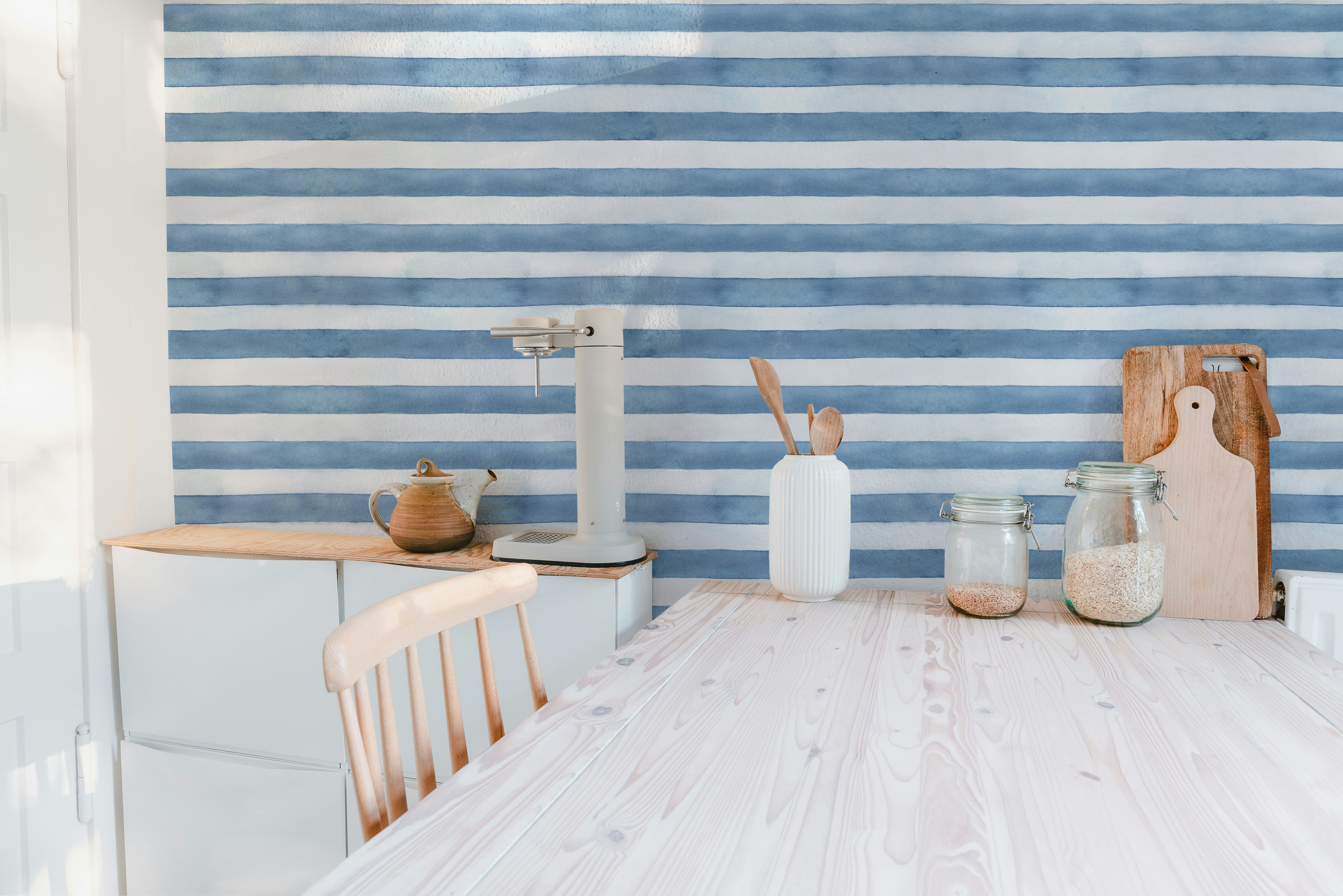 Blue and White Striped Wallpaper