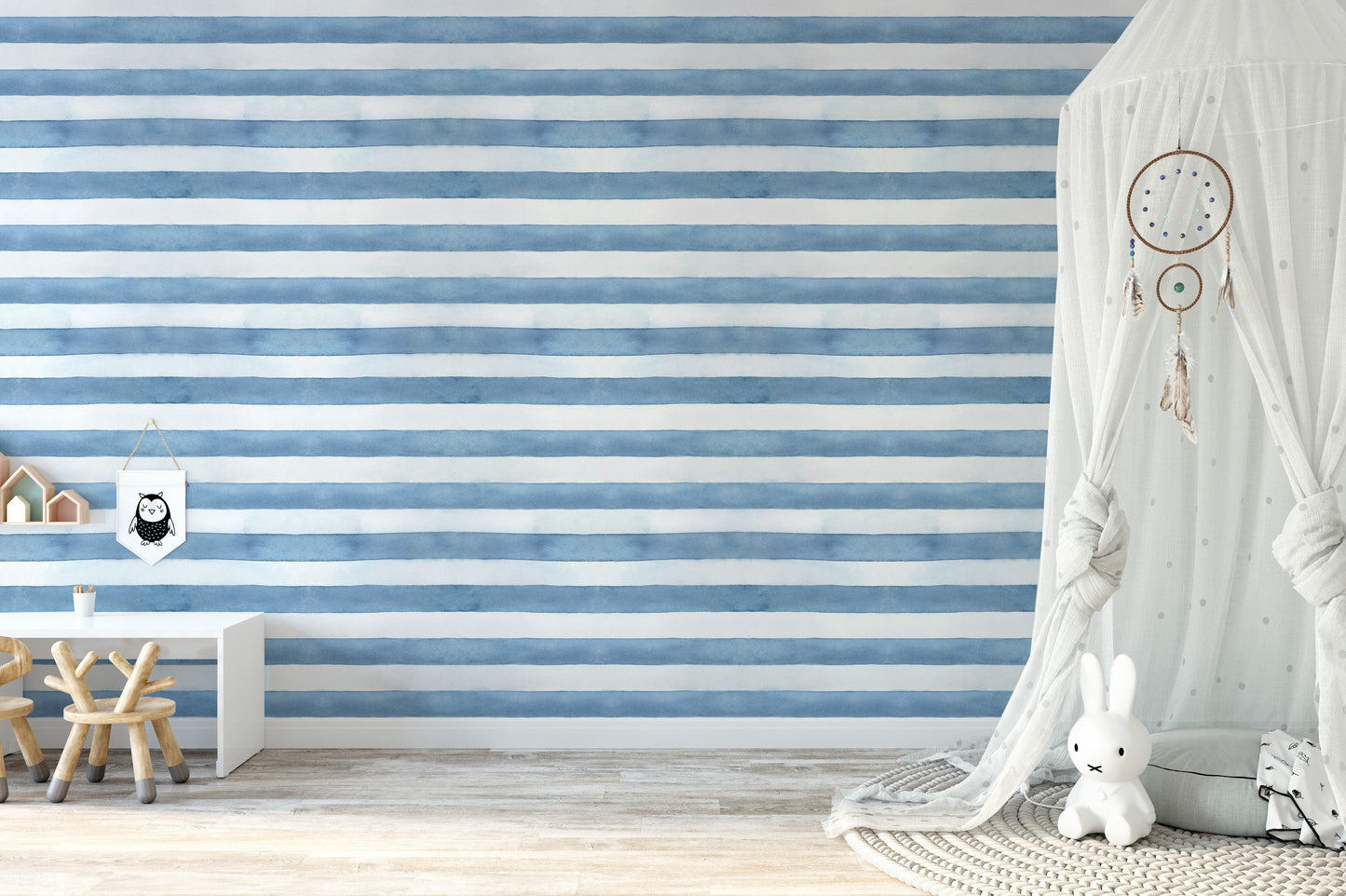 Blue White Watercolor Strips Wallpaper For Walls