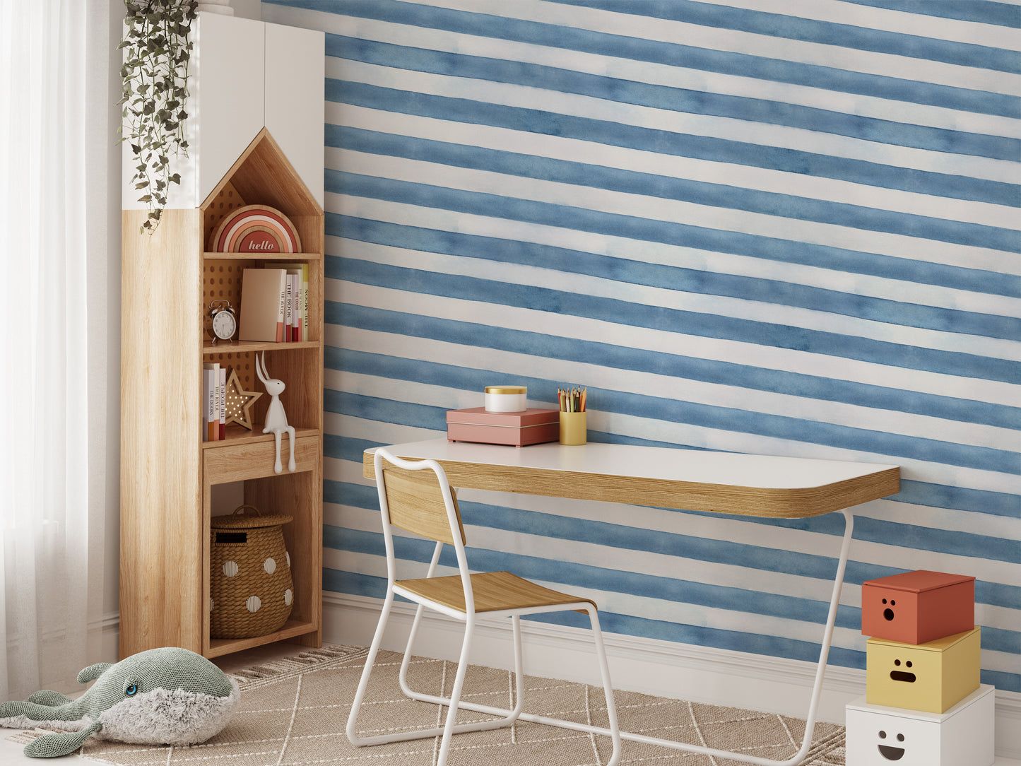 Blue White Watercolor Strips Wallpaper For Walls - Giffywalls