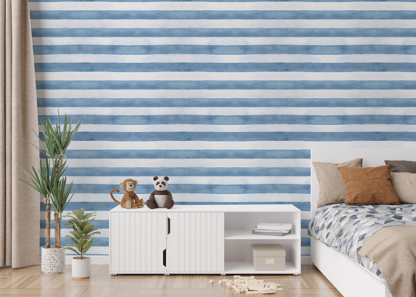 Blue White Watercolor Strips Wallpaper For Walls