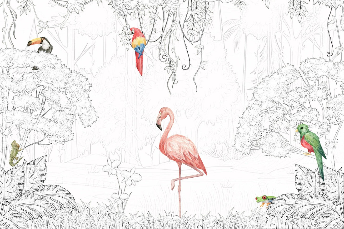 Tropical Aviary Sketch Wall Mural