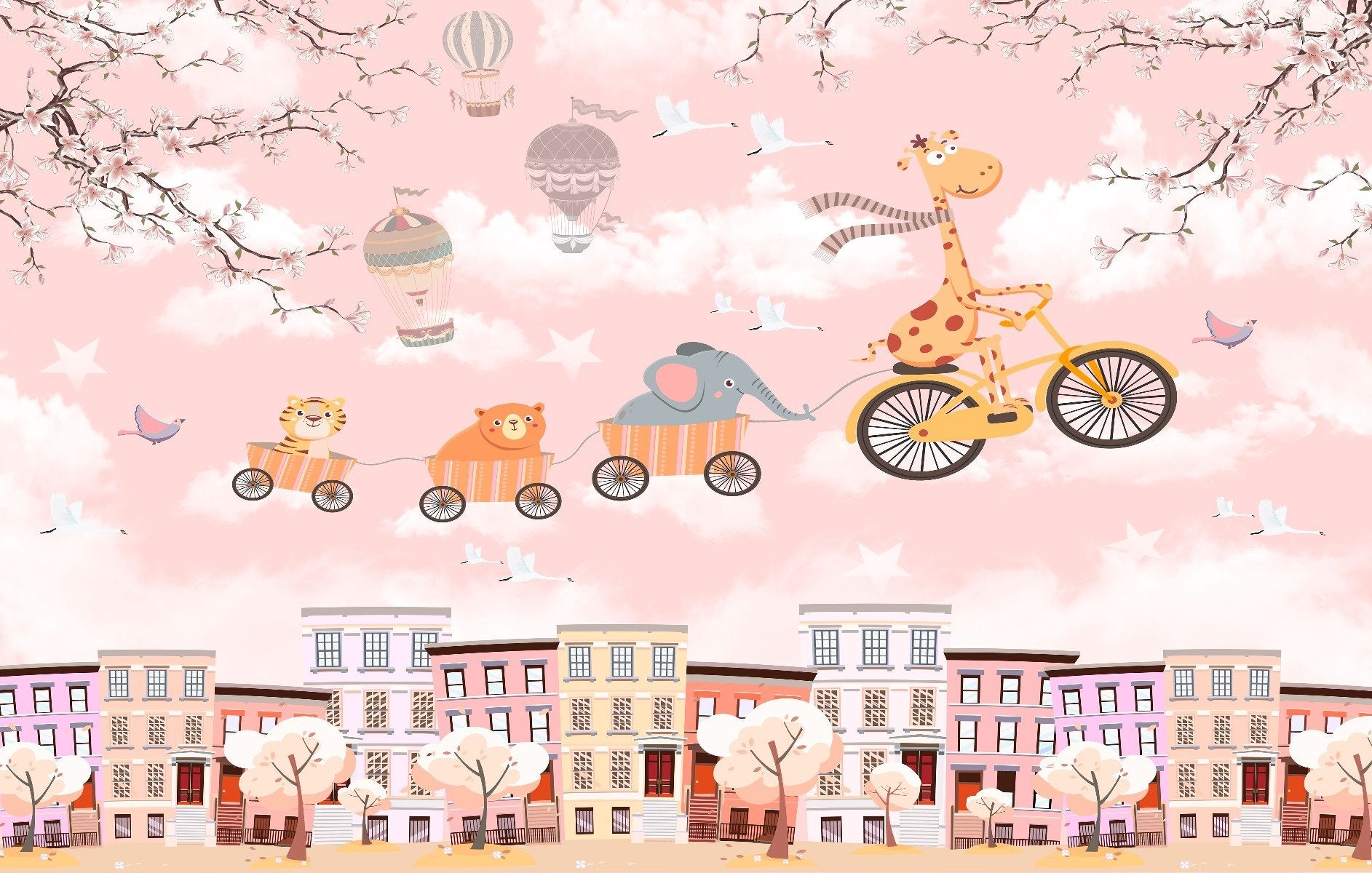 Animals on Cycle Self Adhesive Wallpaper for Kids Room