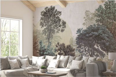 Forest wallpaper with lush trees, greenery, and misty landscapes, bringing a natural, serene vibe to living spaces and bedrooms.