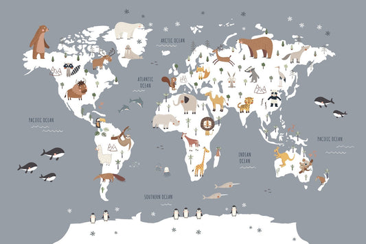 Cartoon Animals World Map Wallpaper Mural