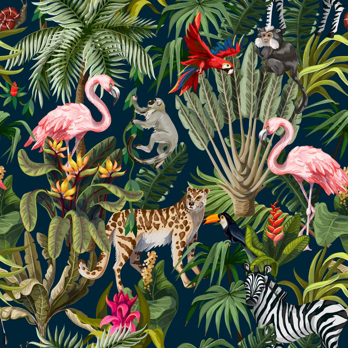 Jungle Animals & Flamingos Wallpaper Mural - Giffywalls